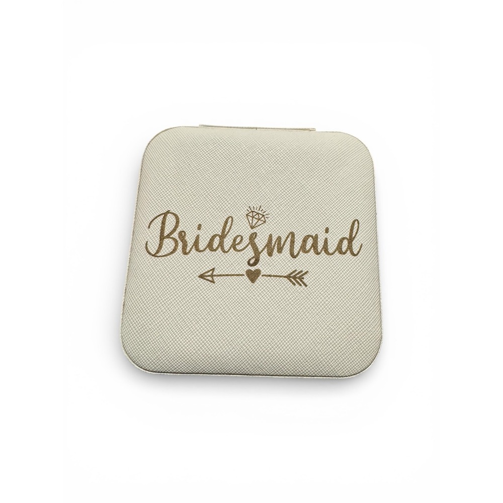 Bridesmaid Travel‎ Jewelry Box Cream Faux Leather Square Zip Case Wedding Gift